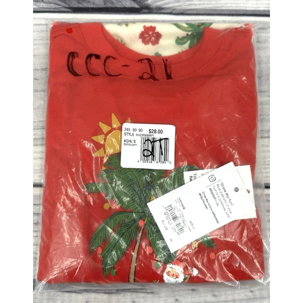 SANTA 0N HOLIDAY TROPICAL CHRISTMAS PAJAMAS SET Toddler Size 2T RED CREAM  NEW!!